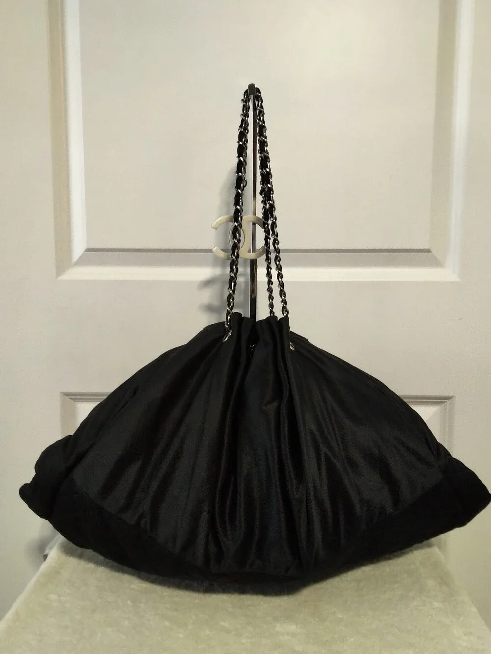 Authentic Chanel Melrose Cabas Black Satin Tote
